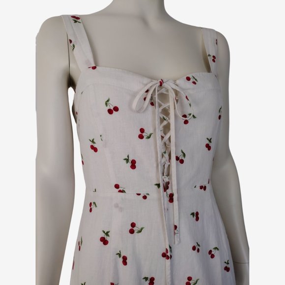 Forever 21 White Cherry Print Sweetheart Lace Up Chest Linen Romper - Picture 9 of 13